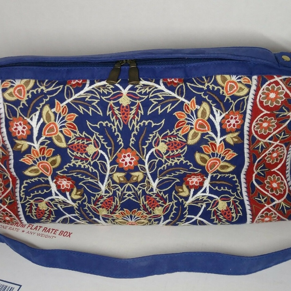 Blue Floral red orange Flower embroidered hand bag